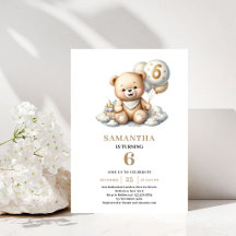 6th Birthday Teddy Bear Gold Balloon Invitation