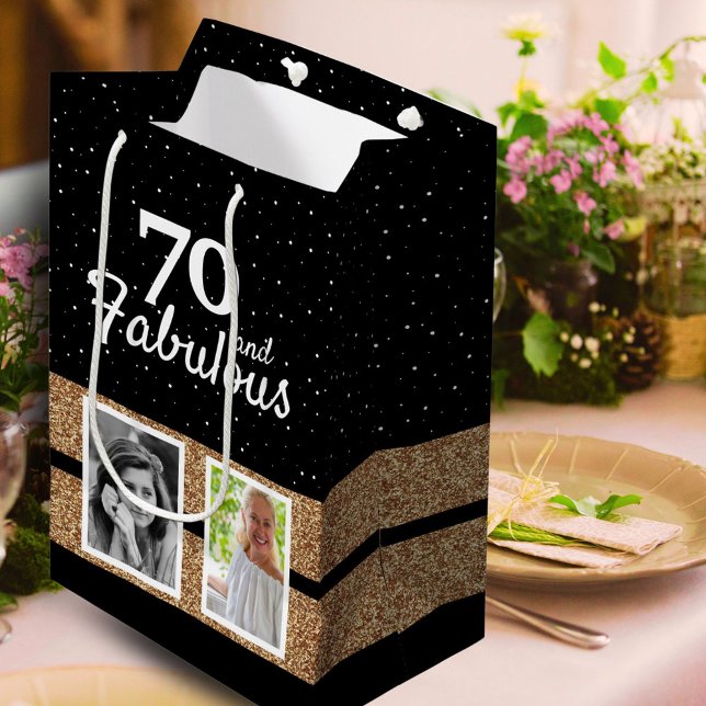 70 and Fabulous Gold Glitter 2 Photo 70th Birthday Mittlere Geschenktüte (Von Creator hochgeladen)
