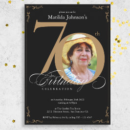 70. Black Gold Elegant Calligraphy Foto Geburtstag Einladung
