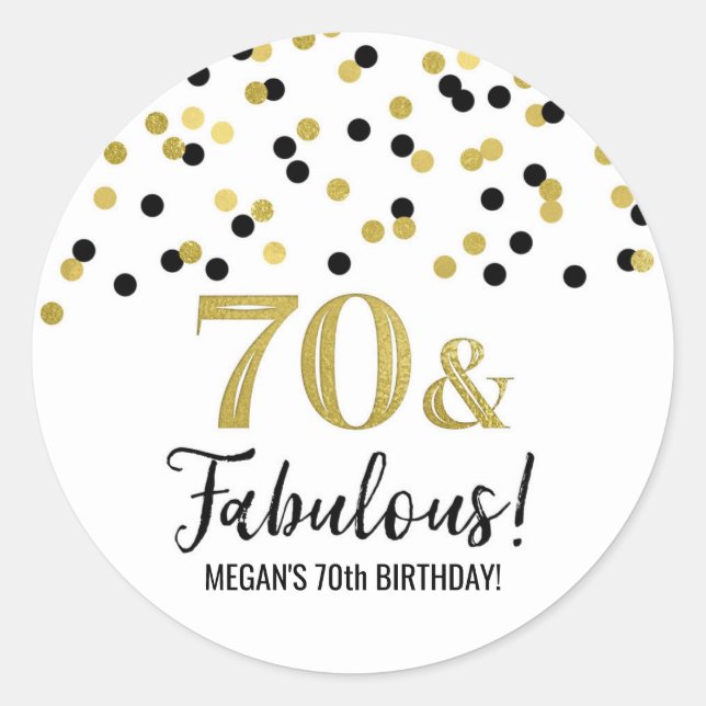 70 & Fabulous Birthday Black Gold Confetti Runder Aufkleber (Vorderseite)