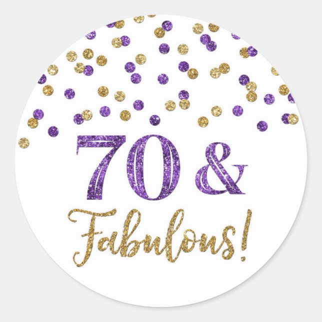 70 & Fabulous Birthday Lila Gold Confetti Runder Aufkleber (Vorderseite)