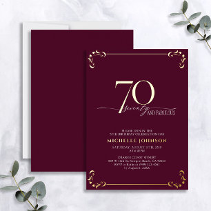 70 & Fabulous Burgundy & Gold Calligraphy Geburtst Folieneinladung