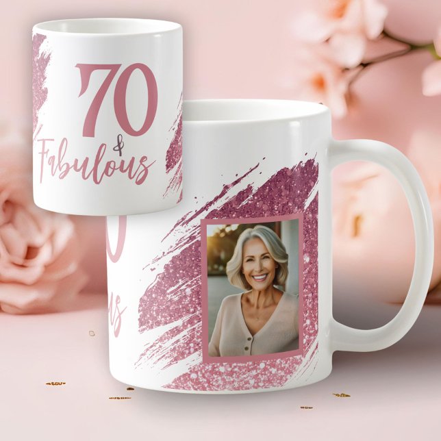 70 & Fabulous Pink Glitter 2 Photo 70th Birthday Kaffeetasse (Von Creator hochgeladen)