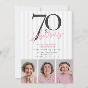 70 & Fabulous Pink Script 3 Foto Geburtstagsfeier Einladung