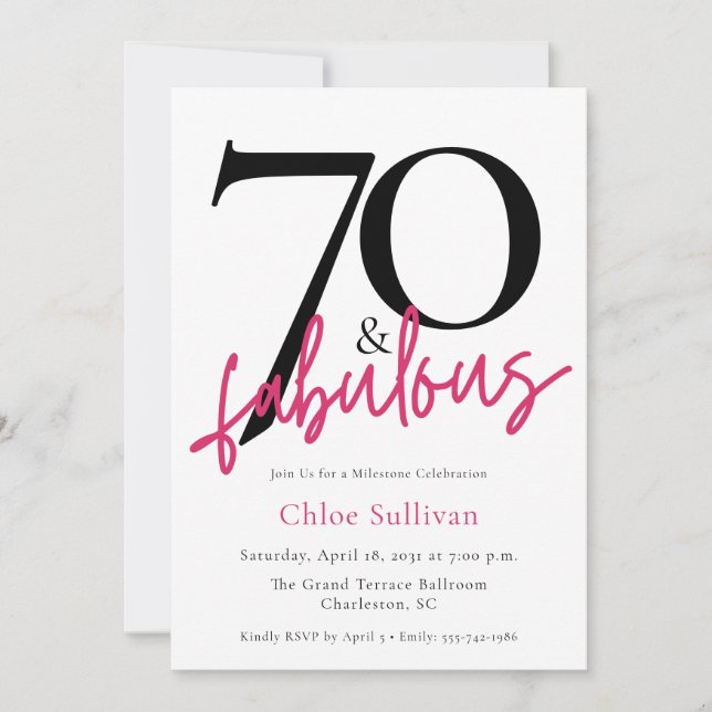 70 & Fabulous Pink Script Chic Geburtstagsfeier Einladung (Vorderseite)