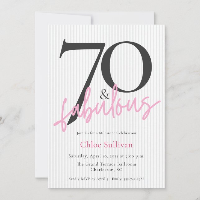 70 & Fabulous Pink Skript 70. Geburtstagsfeier Einladung (Vorderseite)