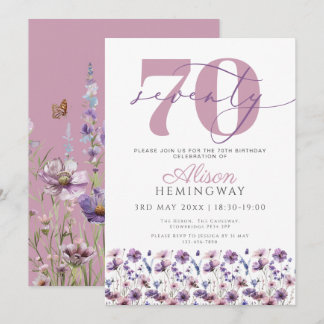 70. Feminine Lila Florals Butterfly Geburtstag Einladung