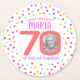 70. Foto farbenfrohe Korallenkonfetti Geburtstag Runder Pappuntersetzer