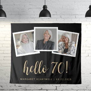 70. Geburtstag 3-Foto Gold Schrift Cheers Schwarz Wandteppich