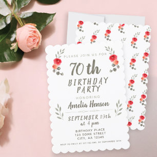 70. Geburtstag Aquarell-Rosenzweig-Blumenparty Einladung