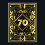 70. Geburtstag Art Deco Gold Black Great Gatsby Einladung<br><div class="desc">Mit diesem einzigartigen Art-Déco-Stil,  Great Gatsby- Design,  das geometrische Formen in hellem Gold auf schwarzem Hintergrund bietet,  laden Sie Ihre Gäste zu Ihrem Geburtstag ein. Ein elegantes,  elegantes,  geschlechtsneutrales Aussehen,  das perfekt zum Feiern dieses besonderen Geburtstags mit dem Jazz-Geschmack der Roaring Zwanziger passt.</div>