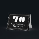 70. Geburtstag: Art Deco  Look "70" & Name Karte<br><div class="desc">Dieser Retro Roaring '20s sieht inspiriert Geburtstagskartendesign aus mit einer großen Art Deko-Stil inspiriert Nummer "70", die Meldung "Happy 70 th Birthday", ein benutzerdefinierbarer Name und ein Randmuster bestehend aus dünnen Linien auf der Vorderseite. Der Hintergrund der Vorderseite ist schwarz. Das Innere hat eine eigene Geburtstagsgrüße, oder könnte gelöscht und...</div>