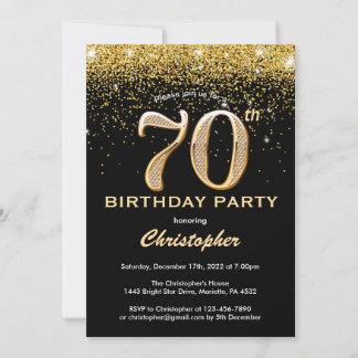 70. Geburtstag Black and Gold Glitzer Confetti Einladung