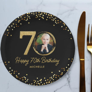 70. Geburtstag Black Gold Glitzer Custom Foto Pappteller