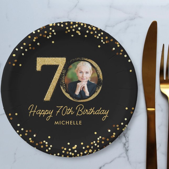 70. Geburtstag Black Gold Glitzer Custom Foto Pappteller (Von Creator hochgeladen)