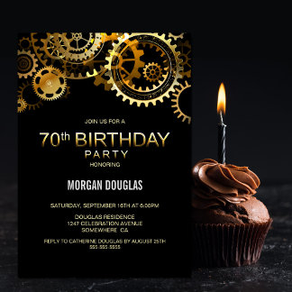 70. Geburtstag Black Gold Steampunk Uhren Gears Einladung