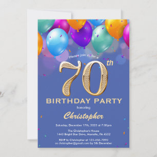 70. Geburtstag Blau und Gold farbige Ballons Einladung