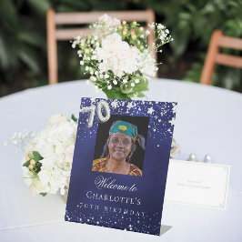70. Geburtstag blauen Silberstars Foto willkommen Sockelschild