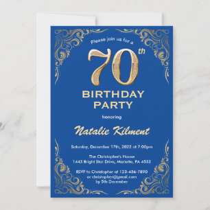 70. Geburtstag Blue and Gold Glitzer Frame Einladung