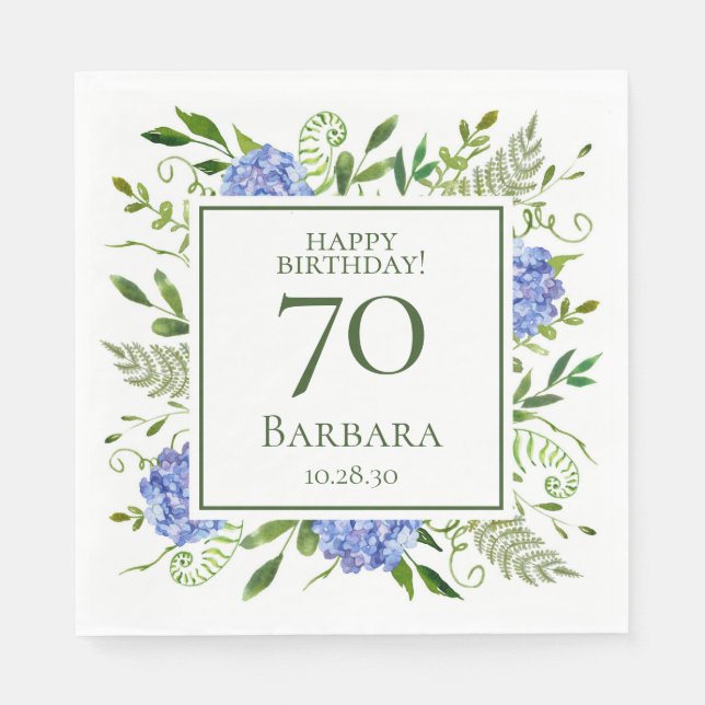 70. Geburtstag Blue Hydrangeas Serviette (Vorderseite)