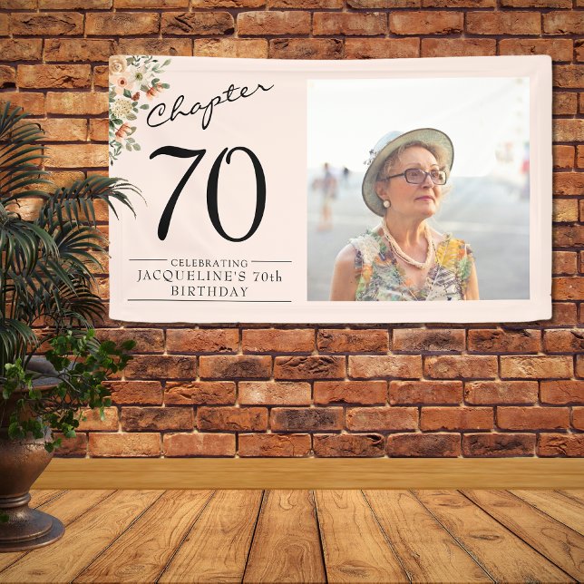70. Geburtstag Blumenrosa Foto Banner (Floral 70th birthday banner. Personalized with your favorite photo and custom text.)