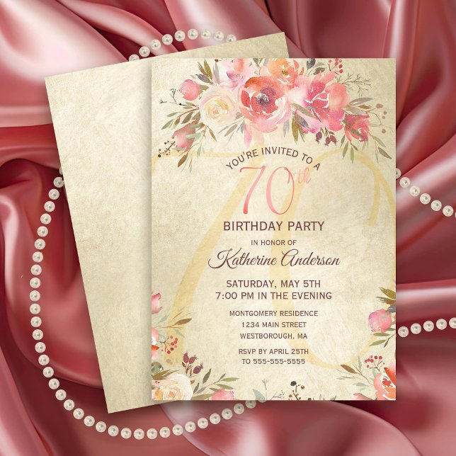 70. Geburtstag Blumenrosa Rosen Goldschimmer Party Einladung (Chic Pink Rose Floral Gold Shimmer 70th Birthday Party Invitation)