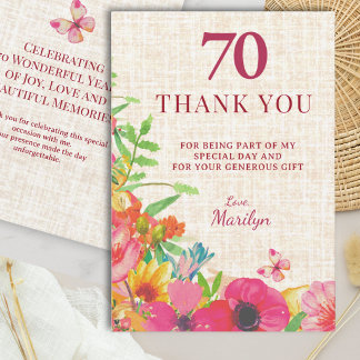 70. Geburtstag Bold Floral Leinen Wertschätzung Dankeskarte