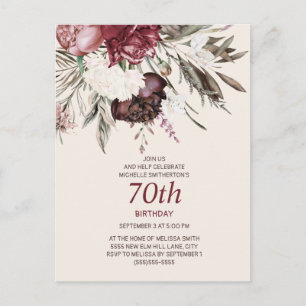 70. Geburtstag Burgund Elfenbein Floral Creme Postkarte