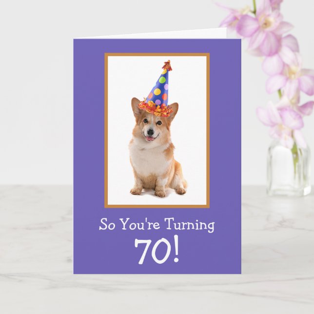70. Geburtstag Corgi Karte (Orchidee)