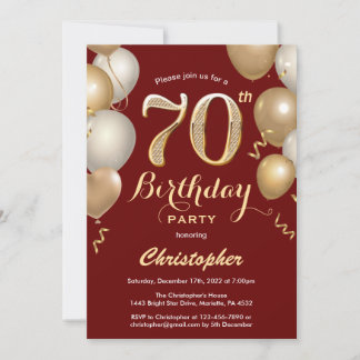 70. Geburtstag Dunkelrot und Gold Balloons Confett Einladung