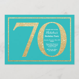 70. Geburtstag Einladung Aquamarin und Gold Glitze