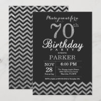 70. Geburtstag Einladung Black and Silver Glitzer