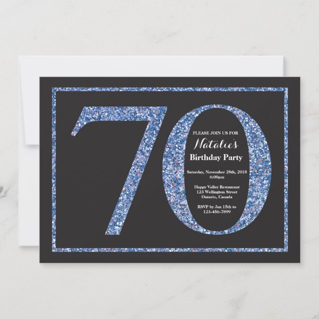 70. Geburtstag Einladung Blue Glitzer Chalkboard (Vorderseite)
