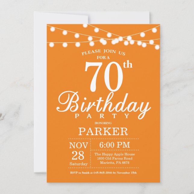 70. Geburtstag Einladung Orange (Vorderseite)
