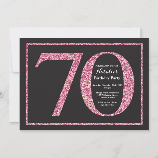 70. Geburtstag Einladung Pink Glitzer Chalkboard (Vorderseite)