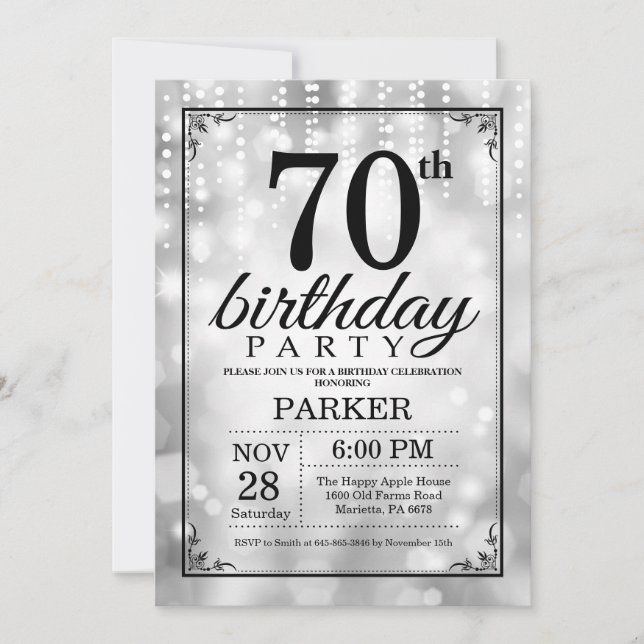 70. Geburtstag Einladung Silberner Glitzer (Vorderseite)