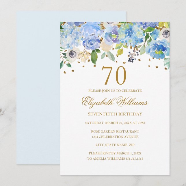 70. Geburtstag Elegant Blue Gold Floral Einladung (Vorne/Hinten)