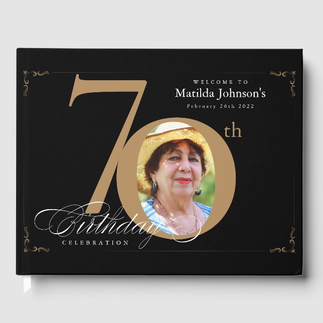 70. Geburtstag Elegante Black Gold Calligraphie Gästebuch (Vorderseite)