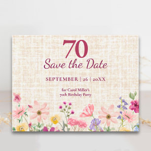70. Geburtstag Elegante Florale Leinen Save-the-Da Ankündigungspostkarte
