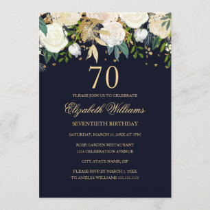 70. Geburtstag Elegante Navy-Gold-Blumen-Einladung Einladung