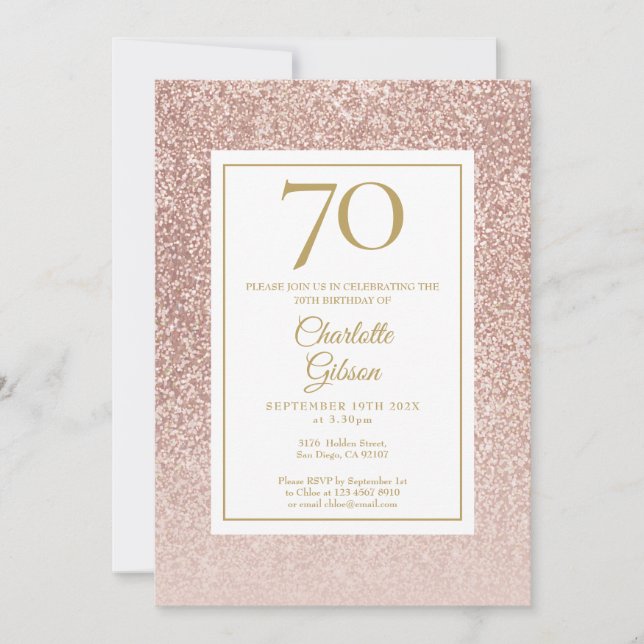 70. Geburtstag Elegante Rose Gold Glitzer Einladung (Vorderseite)