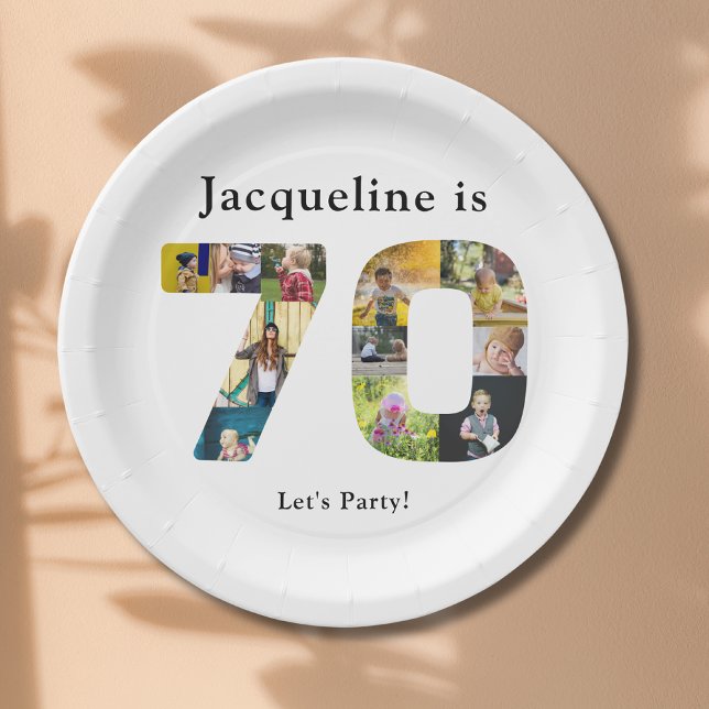 70. Geburtstag Entwerfen Sie Ihre eigene FotoColla Pappteller (70th birthday personalized paper plates with family photos collage template.)