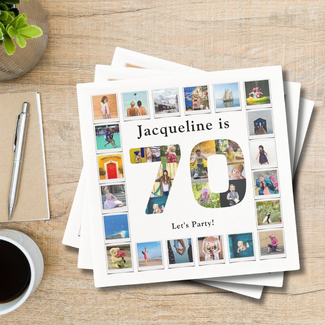 70. Geburtstag Entwerfen Sie Ihre eigene FotoColla Serviette (Personalized 70th birthday party napkins with family photo collage template.)