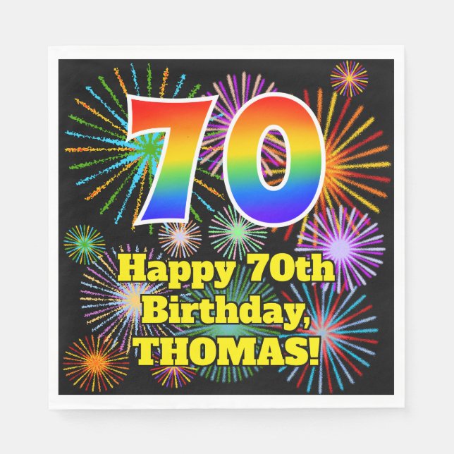 70. Geburtstag: Fun Fireworks Pattern + Rainbow 70 Serviette (Vorderseite)