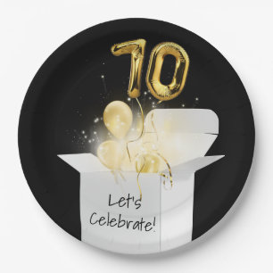 70. Geburtstag Gold Ballons in weißer Box Pappteller