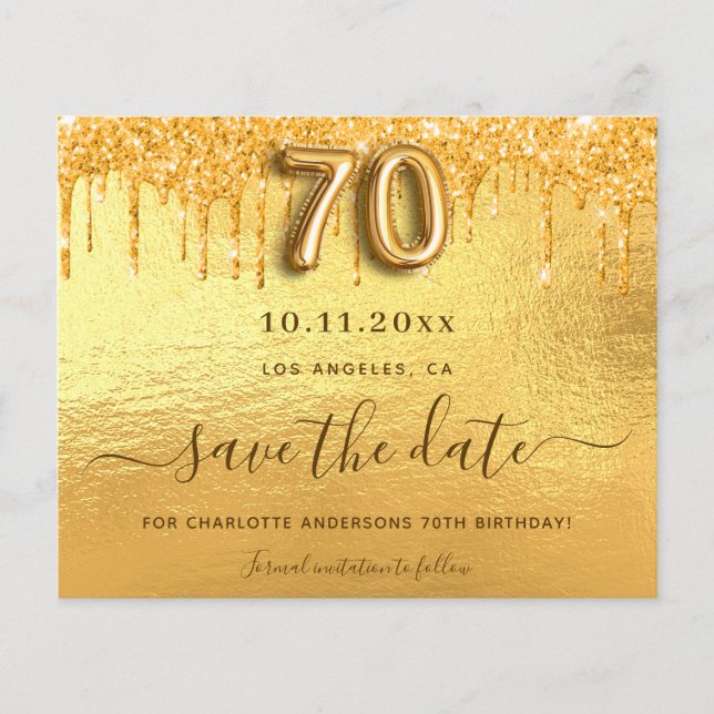 70. Geburtstag Gold Glitzer Save the Date (Vorderseite)