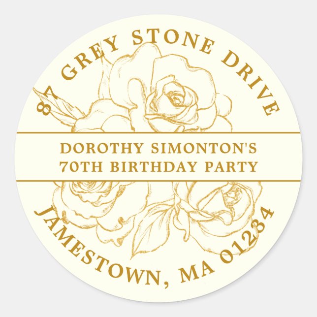 70. Geburtstag Gold Rose Rücksendeadresse Etikett Runder Aufkleber (Vorderseite)