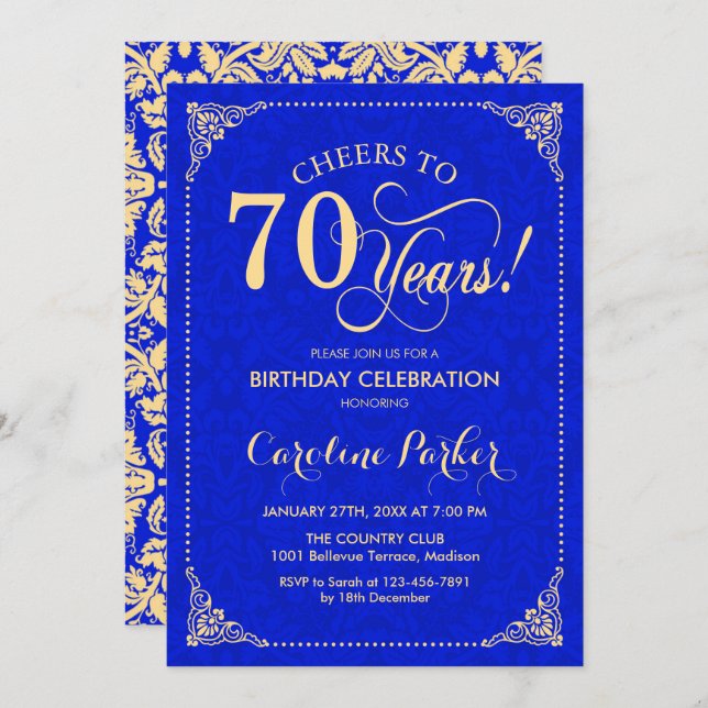 70. Geburtstag - Gold Royal Blue Damask Einladung (Vorne/Hinten)