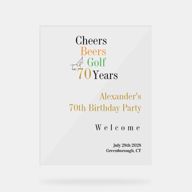 70. Geburtstag Golf Cheers Beers Party Willkommen Acrylschild (Vorderseite)