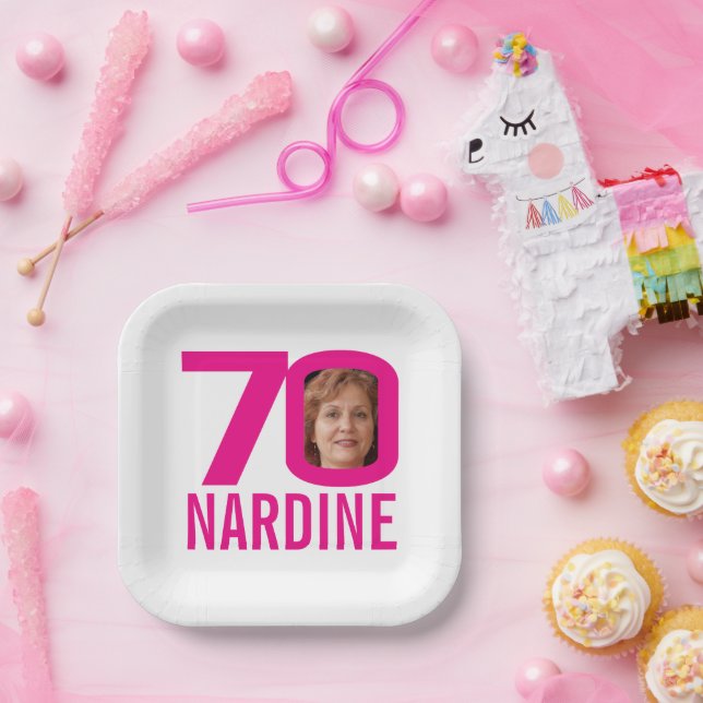 70. Geburtstag hellrosa weiß 70 Foto Pappteller (Party)